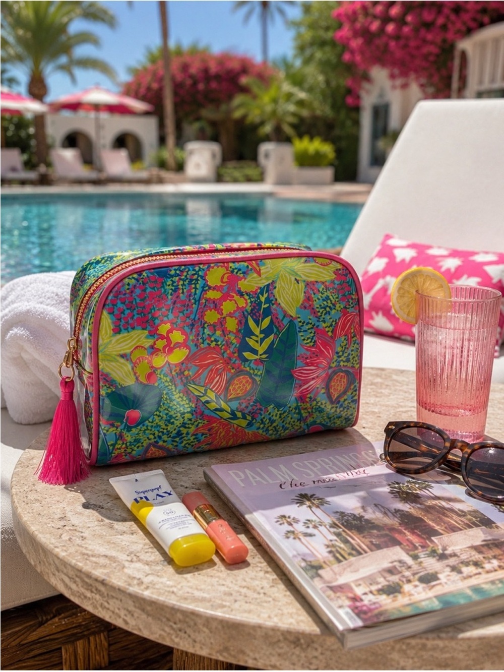 NWT | Trina Turk Tropical Floral Cosmetic Travel Bag Pink Tassel